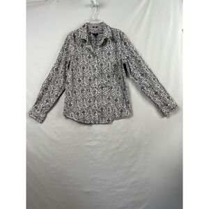 Talbots Button Down Shirt Women 10 Black White Paisley Momcore Wrinkle Resistant